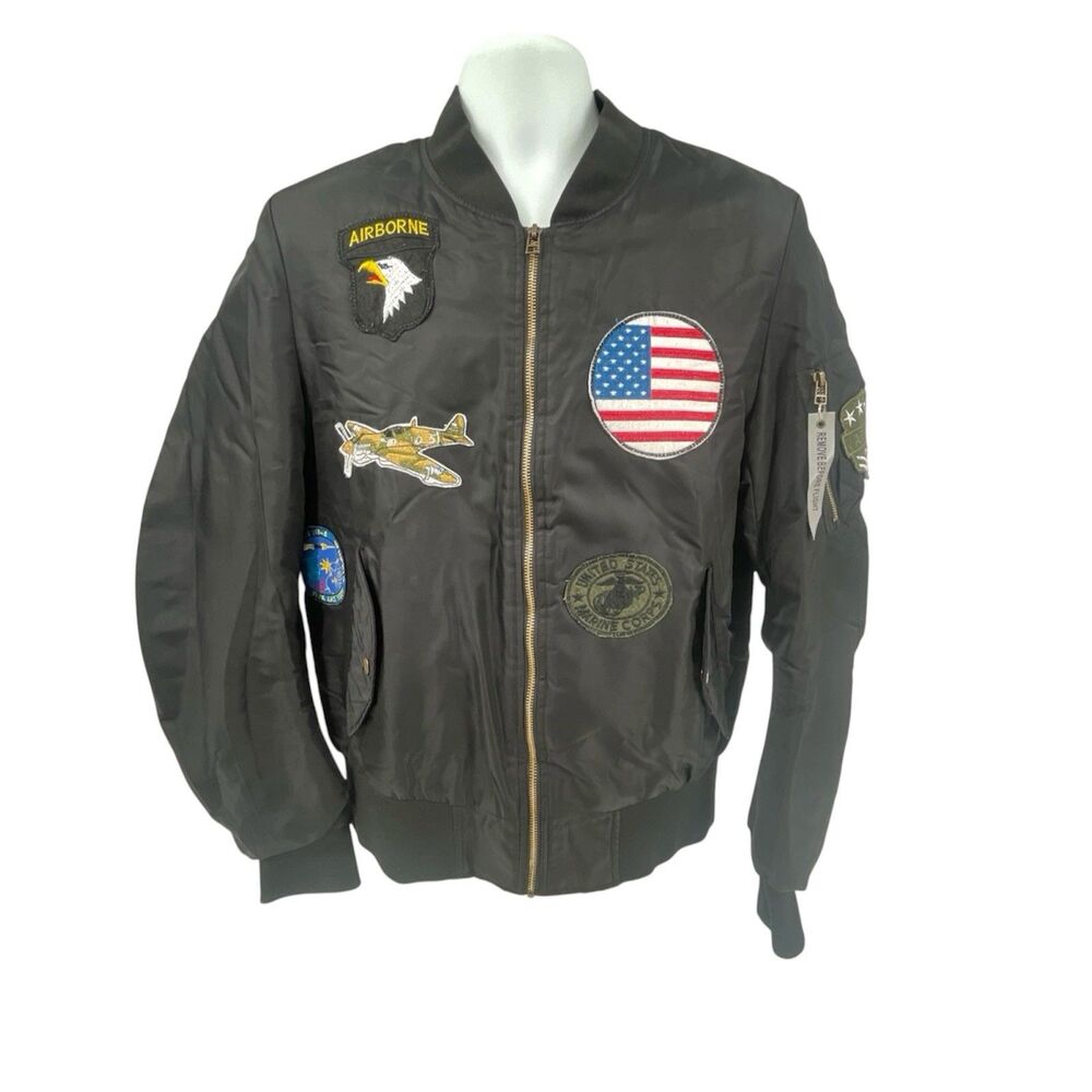American Stitch Mens Aviator Bomber Flight Jacket L Black Military Patches Lined